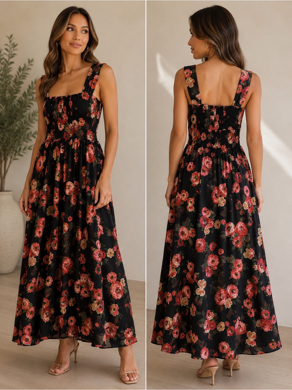Grace Karin Black Dress with Red Floral Print